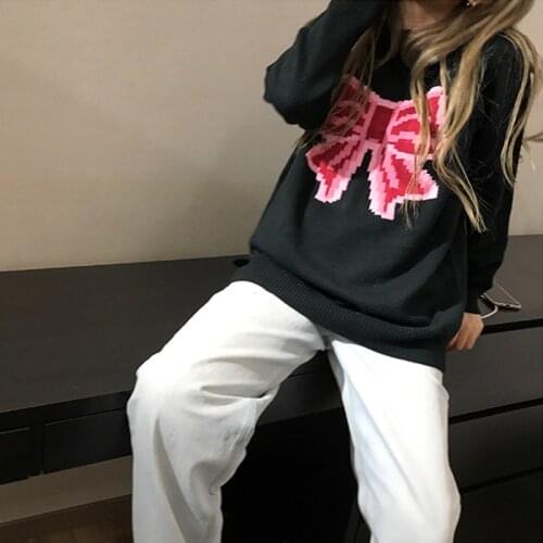 Knitwear Winter Woman Hoody Bow BLACK Korean VOGUE KNTS Concise Loose Version Frock Fall Joint Pullover женский