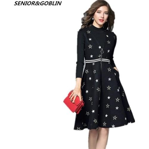 2019 New Autumn Runway knitted 2 Piece Set Dress Designer Winter Women Black Sweater + Mini Tank Embroidery Suits
