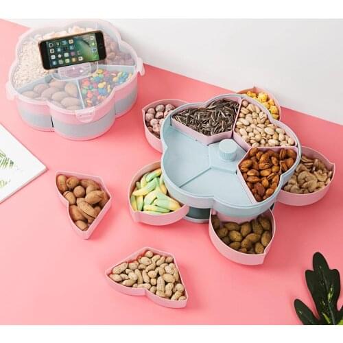 Large Plastic Fruit Dish Double Layers Snack Box Candy Plates Rotating Dried Fruit Serving Tray With Mobile Phone Holder