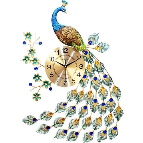 Home Decor Living Room Loudspeaker Mute Metal Large Clocks Crafts Ornaments Gifts Peacock Wall Clock Forreloj de pared
