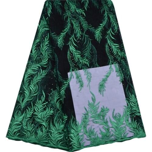 French Beaded Lace Fabric 2018 Latest African Mesh Tulle Lace Fabric 5 Yards Nigerian Embroidered Lace Fabric Green Color 1194