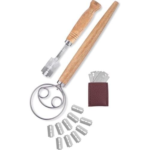 Hot Bread Lame and Danish Whisk Set - Premium Pack Stainless Steel Bread Scoring Tool with Leather Protective Cover 10 Replaceab