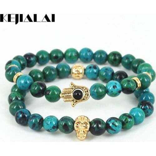 KEJIALAI 2pcs Beaded Skull Head Men Bracelet Natural Phoenix Green Round Stone Beads Women Hamsa Hand Bracelet A0580