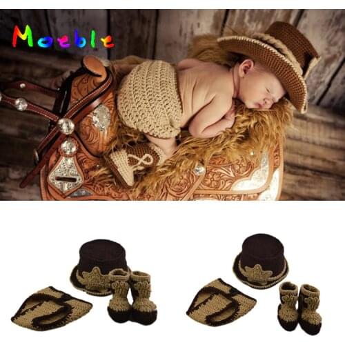 Classic Crochet Newborn Baby Boys Western Cowboy Photography Props Knitted Cowboy Hat Diaper and Booties Set Infant Boys Costume