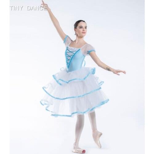 Puff Sleeve Spandex Bodice with 5 Layers Soft Tulle Long Ballet Dance Tutu Dance Costume for Girls and Women Performance 19338