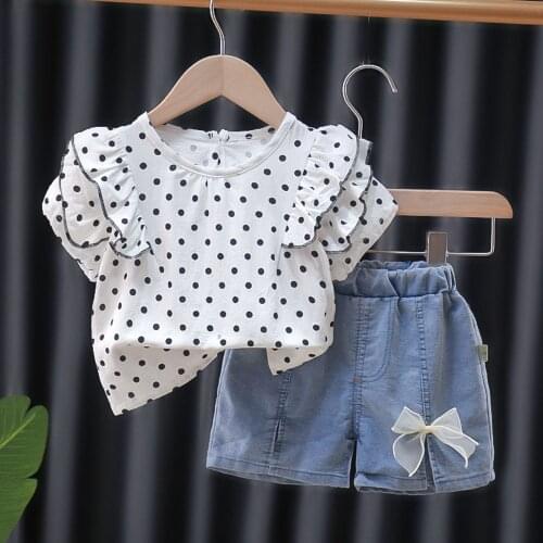 Menoea Baby Girl Clothes 2021 Summer Infant Collar Polka Dot T-shirt Flying Sleeve Denim Trousers 2pcs Suit Children Outfit