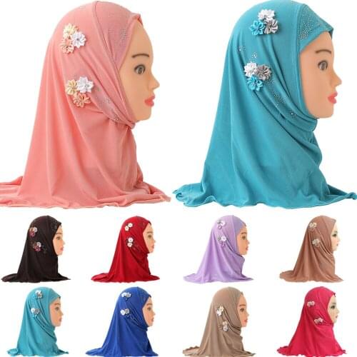 Muslim Kids Girls Flower Hot Drilling Hijab Hats Child Islamic Headscarf Caps Islamic Turban Full Cover Banadanas Casual Fashion