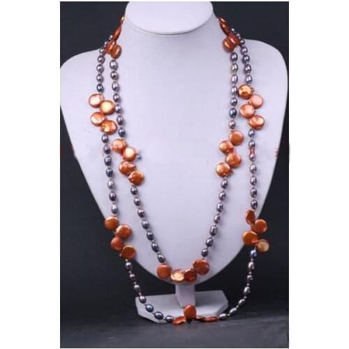 Classic Luck Pearl Jewelry 60 inches Long Brown Coin Black Rice Cultured Freshwater Pearl Necklace Charming Women GIft