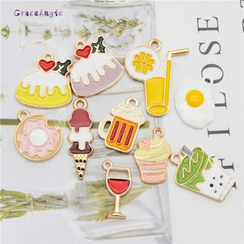 10pcs mix Food & Beverages Egg Red Wine Cake Drink Charms Ice Cream jewelry pendant for earrings Alloy Enamel Beer Bracelet Gift