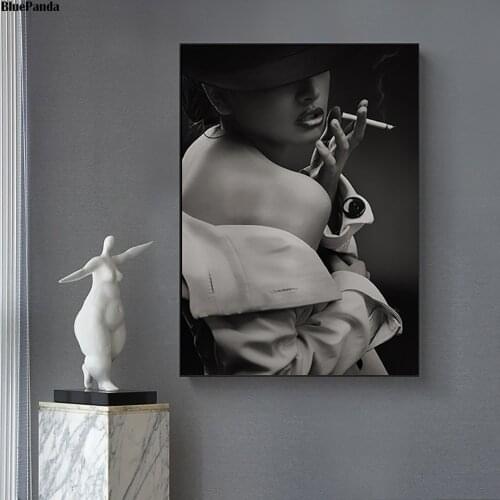 Sexy Woman Smoking Minimalist Art Canvas Poster Print Abstract Painting Black White Wall Picture Modern Home Decoration