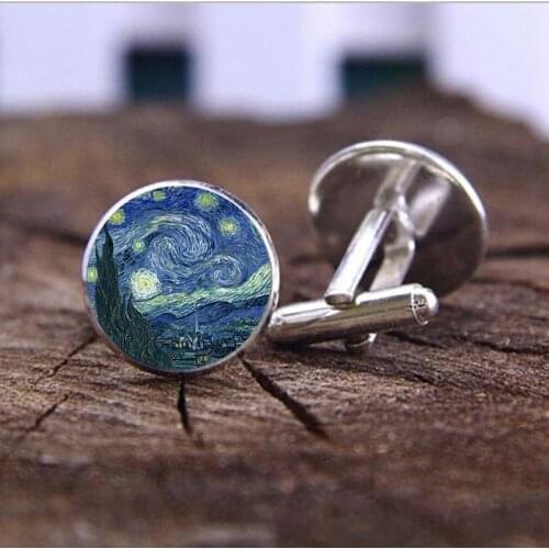 Van Gogh Art Painting Starry Night Sunflower Cufflinks Round Glass Cabochon Shirt Cuff Links For Men Jewelry Accessories