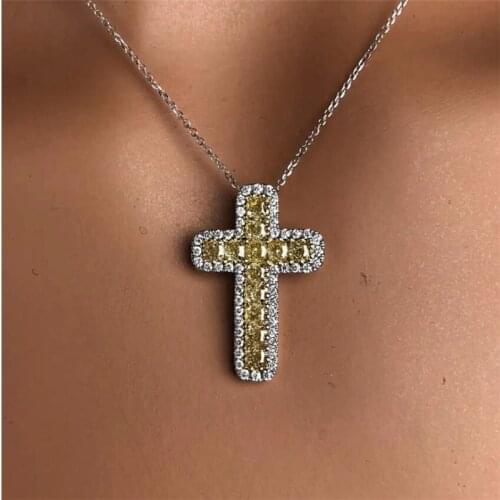 Hip Hop Vintage Jewelry 925 Sterling Silver Fill Full Yellow CZ Crystal Gemstones Cross Pendant Party Women Clavicle Necklace