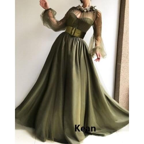 Green Muslim vestidos de festa Evening Dress Puff Sleeve High neck Islamic Dubai Kaftan Saudi Arabic Evening Gown Prom