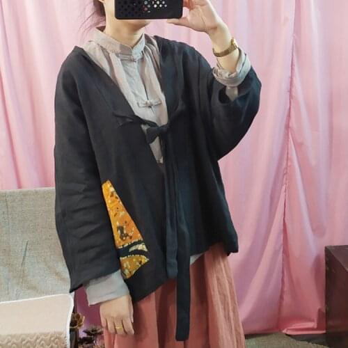 Women Ramie Spring Summer Nine Sleeve Retro Patchwork Jackets Outerwear Ladies VIntage Loose Ramie Coat Female 2020 Topcoat Tops