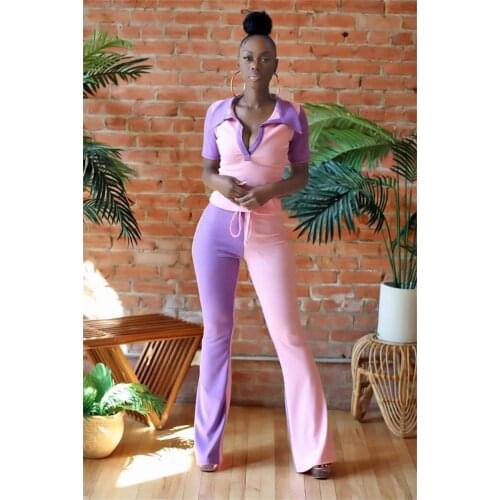 RMSFE 2021 Womens Short Sleeve V-Neck Fashion Casual Contrast Splicing Flared Pants Two Piece Set