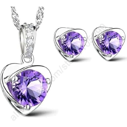 Purple Jewelry Sets Women Gift Jewelry Sets 925 Sterling Silver CZ Cubic Zircon Heart Necklace Stud Earrings Stock Sale