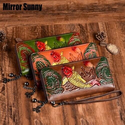 First Layer Cowhide Genuine Leather Embossed Womens Wallet Vintage Hand Brushed Color Long Clutch Bag Fish Wristband Purse