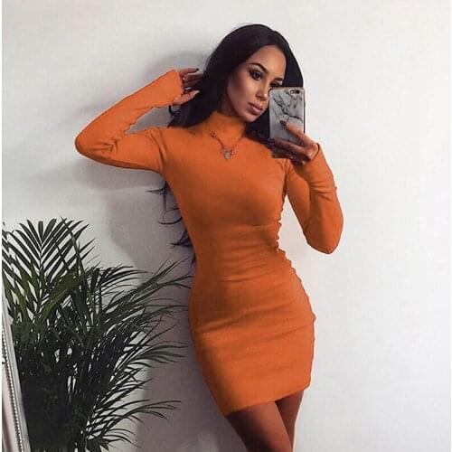 2020 Winter Solid Dress Women Sexy Night Club Bodycon Turtleneck Warm Solid Color Tight Buttocks Mini Dress Size S-L