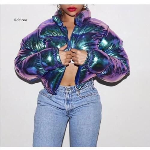 Winter Women Cute Pink Bright PU Puffer Jackets Warm Loose Bubble Coat Down Parkas Zipper Stand Collar Puffly Cropped Jacket XXL