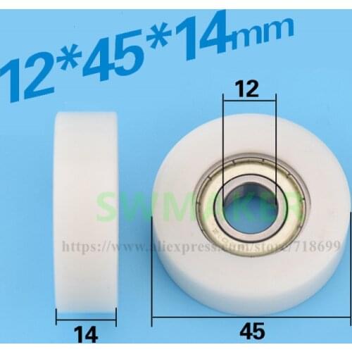 12*45*14mm flat roller embedded with 6001zz bearings, wrapped plastic wrap, nylon /POM passive pulley