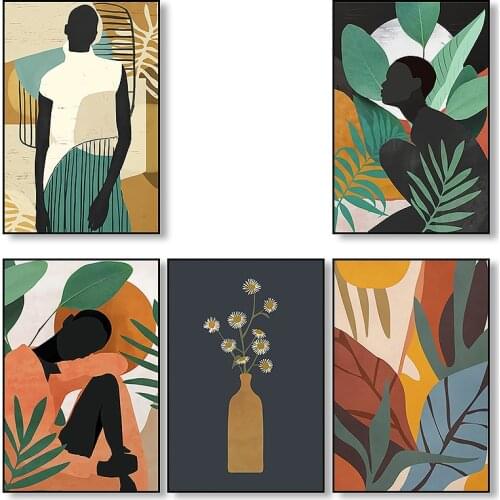 Abstract Girl Plant Leaf Vintage Canvas Painting Nordic Posters and Prints Wall Art Pictures for Living Room Cuadros Home Decor