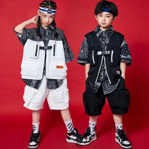 Hip Hop Kids Dance Costume Trendy White/Black Vest Shirts Printing Street Dance Outfits Girls Rave Clothes Stage Clothing BL6719