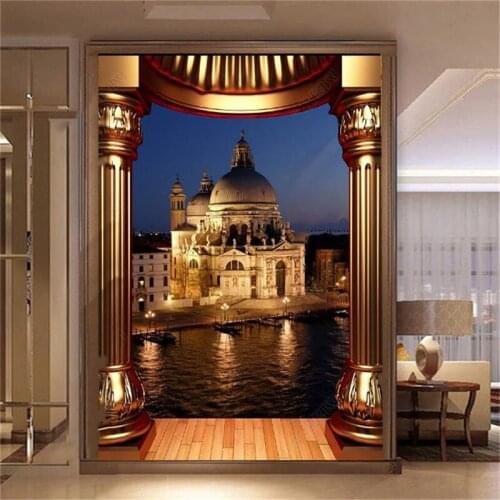 Home Decor 3d Wallpaper European Palace Castle Night Scene 3D Scenery porch Wall Wallpaper