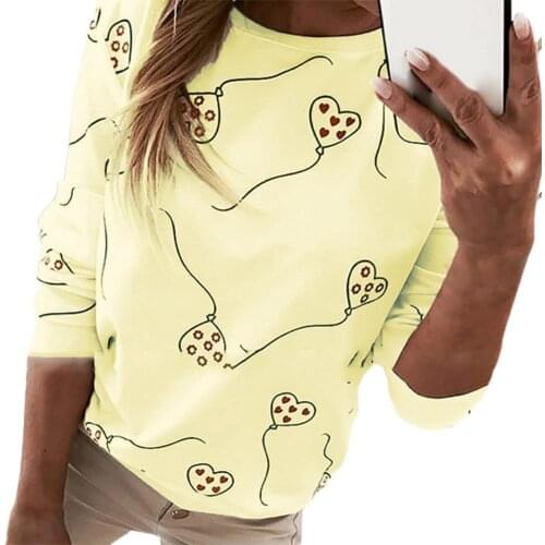 Women T-Shirt Stylish Long Sleeve Heart Balloon Print O Neck Top Heart Balloon Print Round Neck Loose Lady T-Shirt Streetwear
