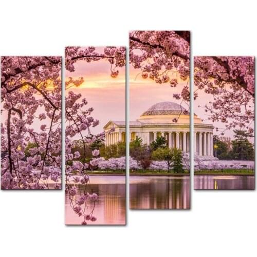 Painting On Canvas Print Pictures 4 Pieces Washington Dc Tidal Basin and Jefferson Memorial Cherry Blossom Spring Drop shipping