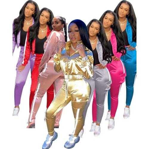 Fashion Striped Reflective Women Two Piece Set Jacket +Long Pants Sportsuit Outfit Autumn And Winter Clothes For Women