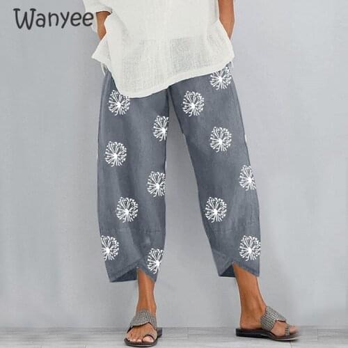 2021 Women Fashion Loose Dandelion Printed Elastic Waist Pocket Clothes Oversize Vintage Female Clothing Cropped Pants Wide Legs