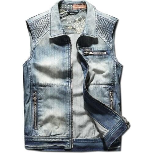 Fashion Mens Street Denim Vest With Embroidery Streetwear Patchwork Sleeveless Jeans Jacket Waistcoat