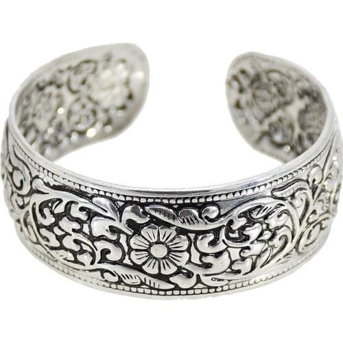 Fashion Silver Plated Bracelet National Style Retro Bracelet Open Wide Face Bracelet Carved Ancient Bracelet Charms for Bangles