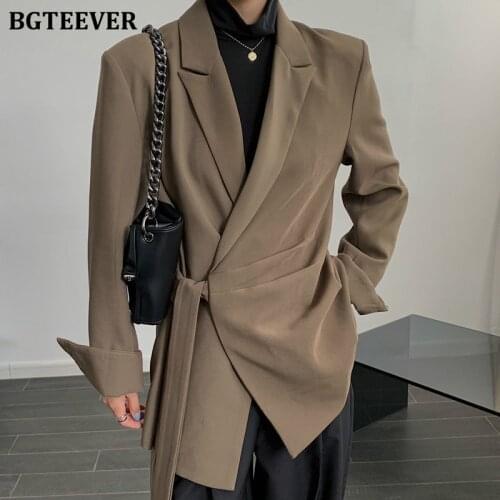 BGTEEVER Fashion Notched Collar Lace-up Women Blazer Vintage Loose Long Sleeve Autumn Winter Outwear Tops Female Jackets 2020