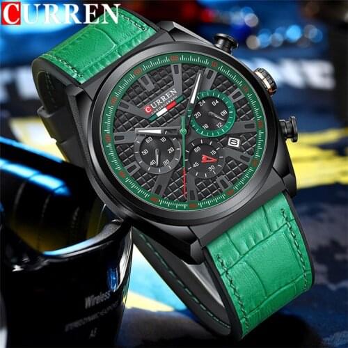 CURREN Man WristWatch Chronograph Calendar Sport Men Watch Military Army Top Brand Luxury Green Genuine Leather Male Clock 8392