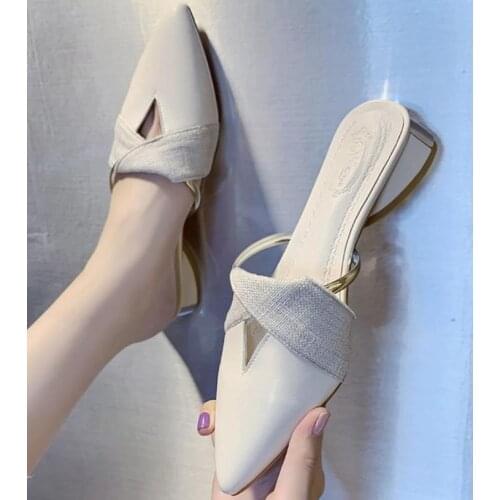 New Mules Women Slides Square Heels Outdoor Pumps and Shoes for Ladies Zapatillas Mujer Casa Pointed Toe Beach Sapato Feminino