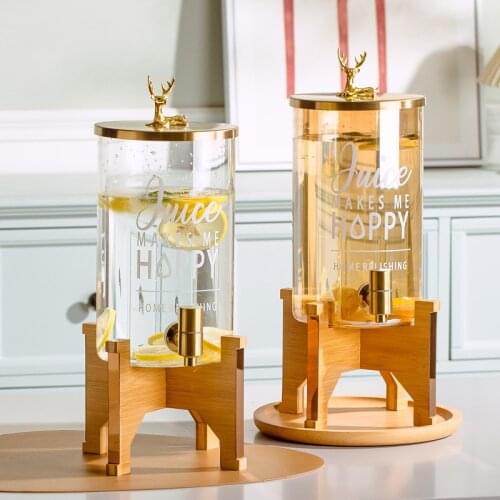 Nordic Amber Glass Water Barrel With Tap Wood Holder 3.8L Household Office Juice Beverage Pitcher Heat Resistant Drinkware