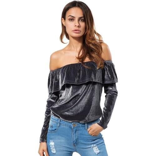 New Womens T-shirt Autumn European and American Strapless Long-Sleeved One-Way Neck Ruffled Blouse Womens Clothing