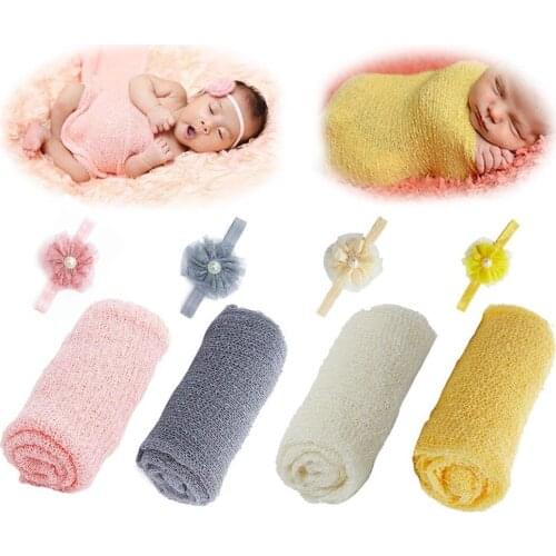 Lovely Elastic Baby Lace Blanket Wrap Flower Headband Newborn Photography Props Childrens Two-piece Photography Suit