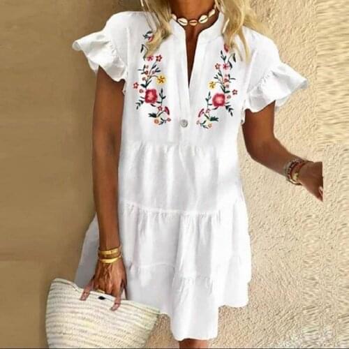 Summer Women Floral Print White Boho Dress Short Sleeve Loose Casual Sweet Mini Dresses Split V-Neck Large Size 3XL Sundress