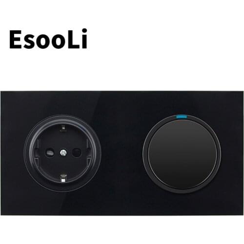 EsooLi Crystal Glass Panel 16A EU Standard Wall Power Socket 1 Gang 1/2 Way Pass Through On / Off Light push button Switch