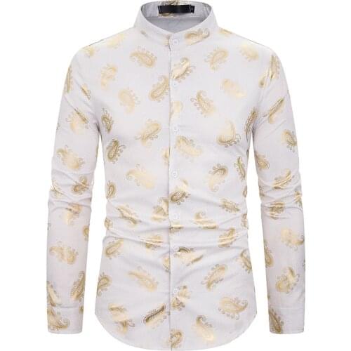 Luxury Gold Paisley Shirt Men Chemise Homme 2021 Brand Long Sleeve Mandarin Collar White Mens Shirts Wedding Groom Wear Shirts