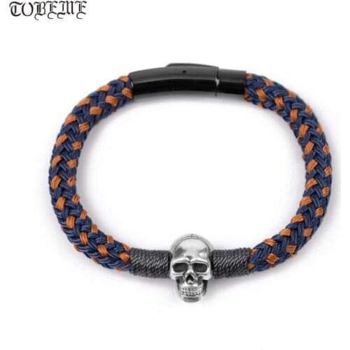 Handmade 999 Silver Skull Bead Bracelet Braided Skeleton Bracelet Punk Unisex Bracelet for lovers