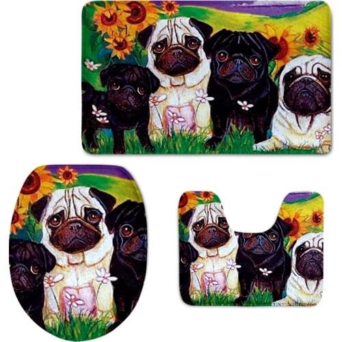 Washroom Non-slip Floor Carpets Cute Pug Dog Flower Pattern WC Area Rugs Soft Non-Slip 3pcs/set Bathroom Accessories Toilet Mats