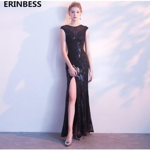 Sexy Mermaid Black Sequin Evening Dresses Long Dress 2019 Sexy Scoop Neck High Slit Evening Dress Elegant Formal Party Gowns