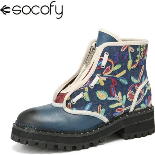 SOCOFY Genuine Leather Boots Embroidered Splicing Comfy Round Toe Retro Front Zipper Lace Up Casual Platform Short Womens Boots