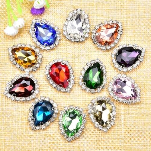 New 15pcs Silver Buttom Clear Crystal Rhinestones Mix Color Glass 13*18mm Teardrop Claw Sewing For Clothing Wedding Dress DIY
