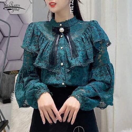 2020 Autumn Sexy Lace Hollow Out Lantern Long Sleeve Blouse Women Elegant Bow Ruffle Tops Cardigan Chemisier Femme 12262