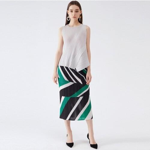Issey Miyake Womens Printed Geometric Skirt Female Spring Korean Mid-length High Waist Thin A-line Pleated Mid-length Skirt