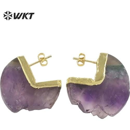 WT-E648 Amazing fashion gold electroplated moon shape slice Amethyst stone studs earrings women Gorgeous half moon earrings